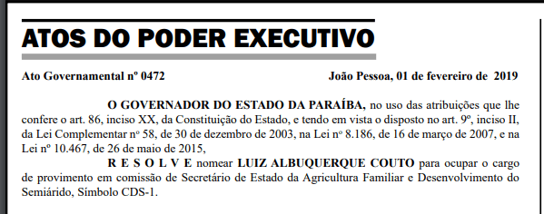 Luiz Couto é nomeado para Secretaria de Agricultura Familiar na PB
