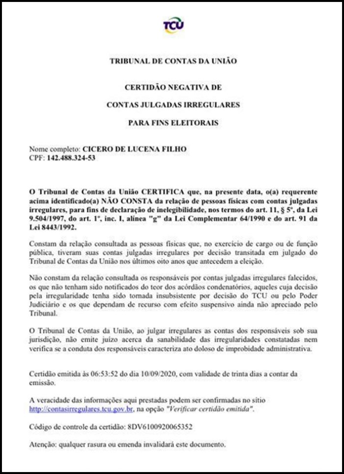 TCU emite certidão que garante a Cícero disputar a PMJP; veja documento